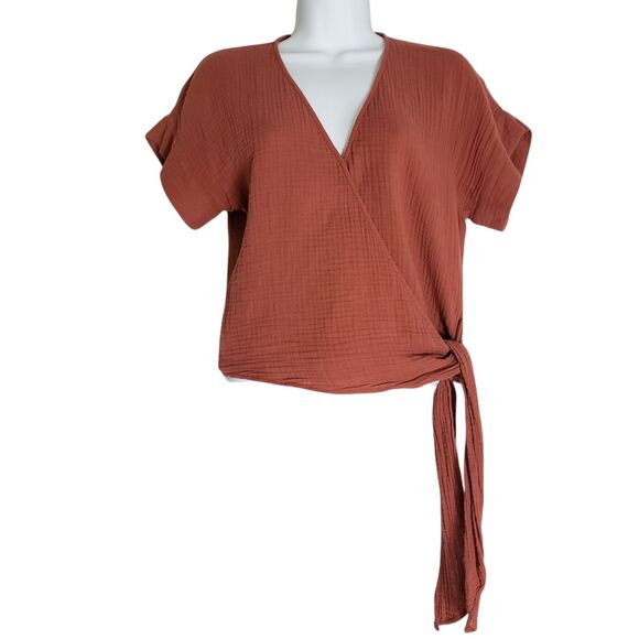 Madewell Lightspun Wrap Top Womens XS Orange Weathered Brick Textured Ribbed - Picture 2 of 10